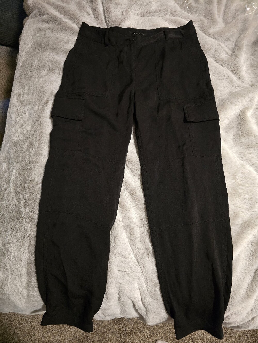Theory 100% Silk Womens Black Cargo Jogger Pants Office Buisness Summer Cool XS - Picture 3 of 7